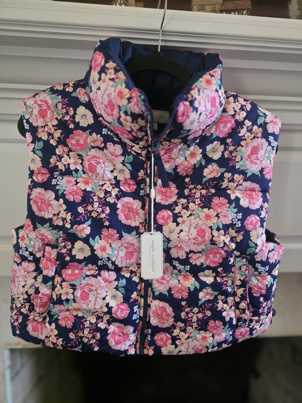 Simply Southern Navy Floral Quilted Puffer Vest with Pink Flowers